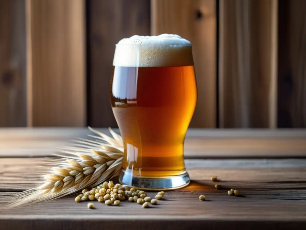 Cerveza artesanal dorada en vaso de cristal Cerveza Farmhouse Ale dorada en vaso de vidrio adornado con lúpulos secos y granos de cebada