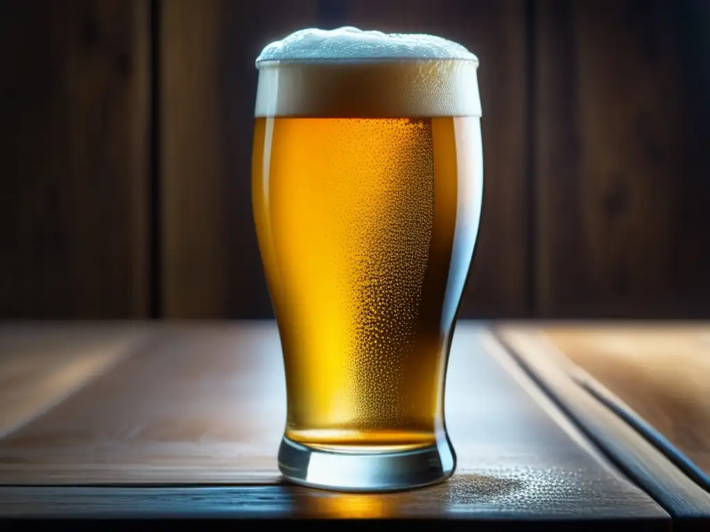 Imagen detallada de una cerveza dorada con burbujas y espuma en una mesa de madera - Consejos básicos