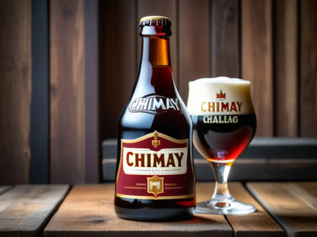 Botella de cerveza Chimay Rouge en mesa de madera Imagen detallada de cerveza Chimay Rouge en una mesa de madera rústica