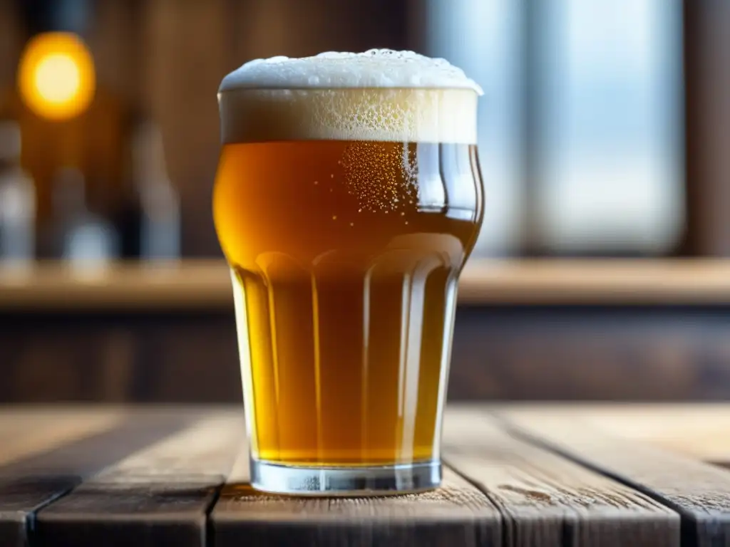 Cerveza dorada con espuma en mesa de madera Cerveza dorada con espuma cremosa, ingredientes adicionales, aspecto profesional y acogedor
