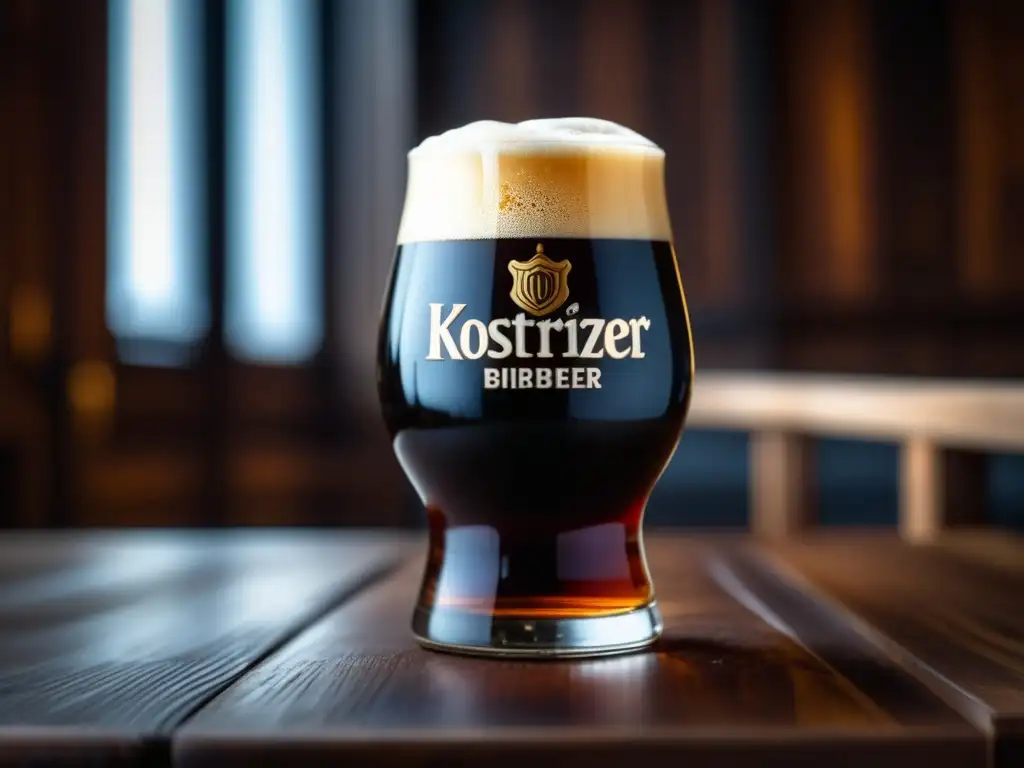 Detallada imagen de una copa de Köstritzer Schwarzbier en una mesa de madera