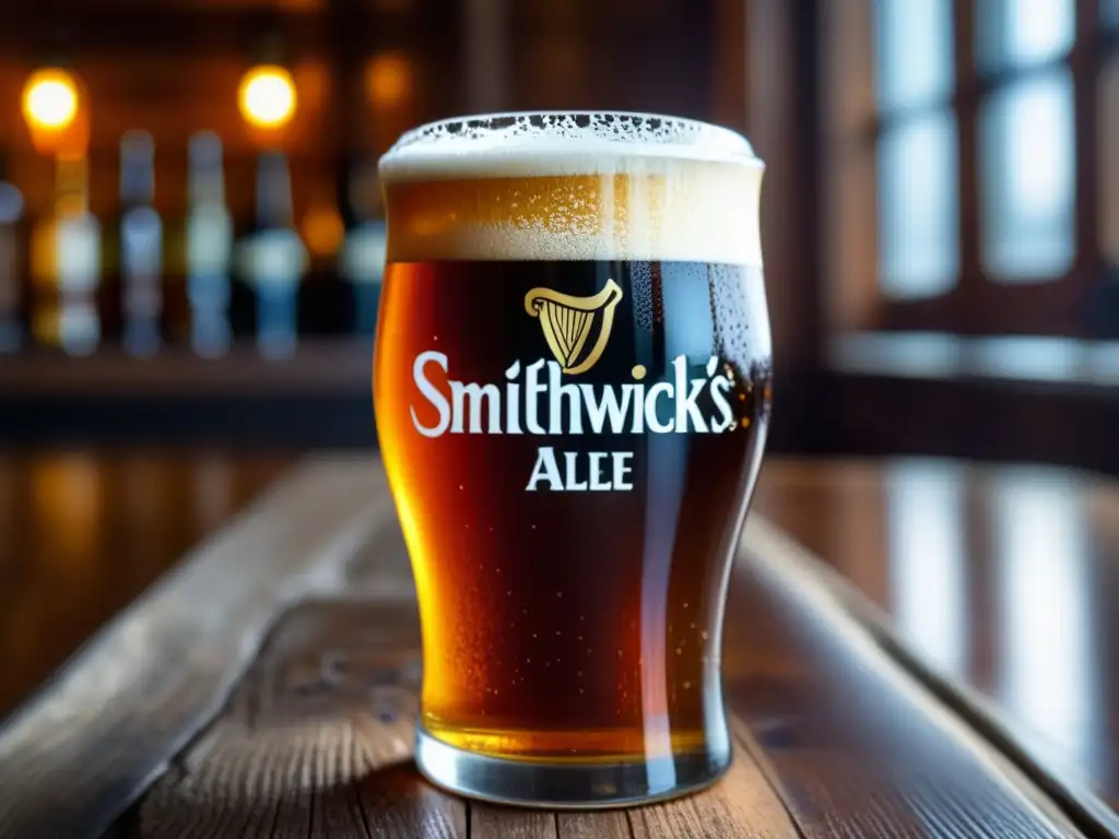 Imagen detallada de cerveza Smithwick's Irish Ale en vaso pintado, con burbujas doradas y condensación