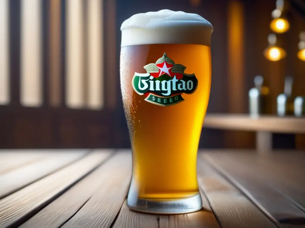 Cerveza Tsingtao: Detalles dorados y espuma cremosa Detalle exquisito de una copa de cerveza Tsingtao en una mesa de madera, resaltando su color dorado y la condensación en la copa