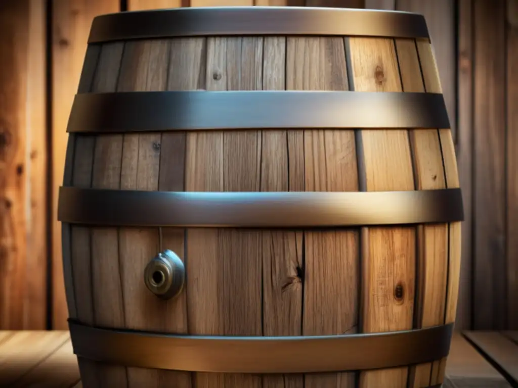Detalle de barril de madera con cerveza Detallada imagen de barril de madera con cerveza, resaltando textura, imperfecciones y colores
