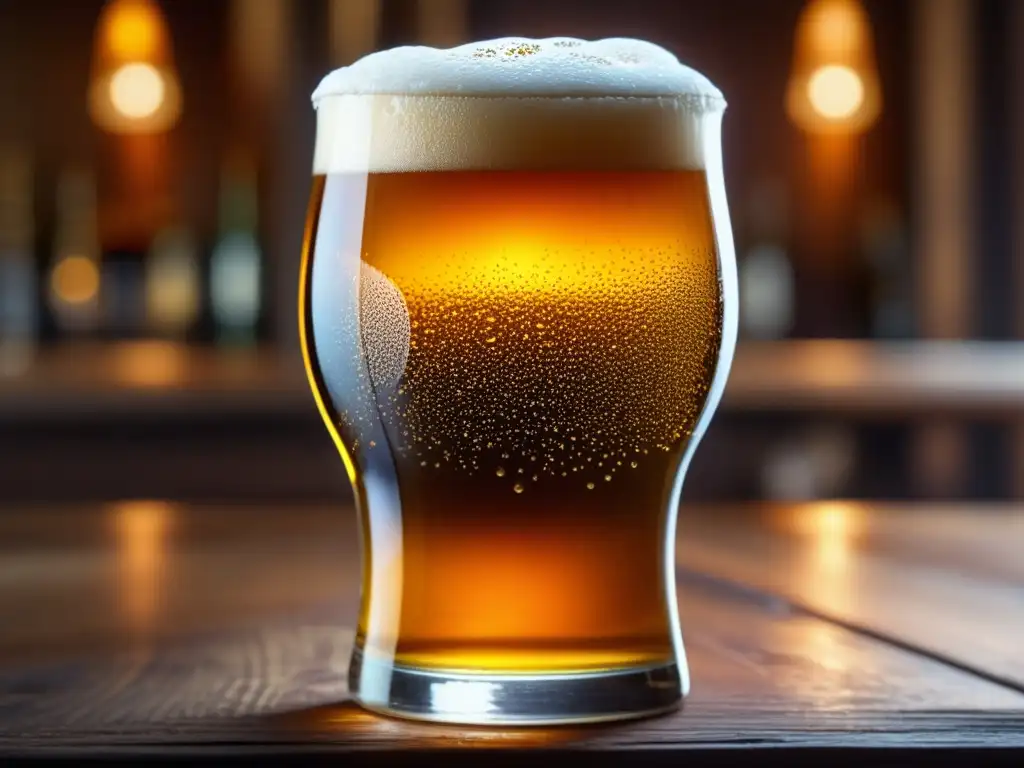 Detalle de una cerveza en vaso de vidrio con burbujas y tonos ámbar, sobre mesa de madera
