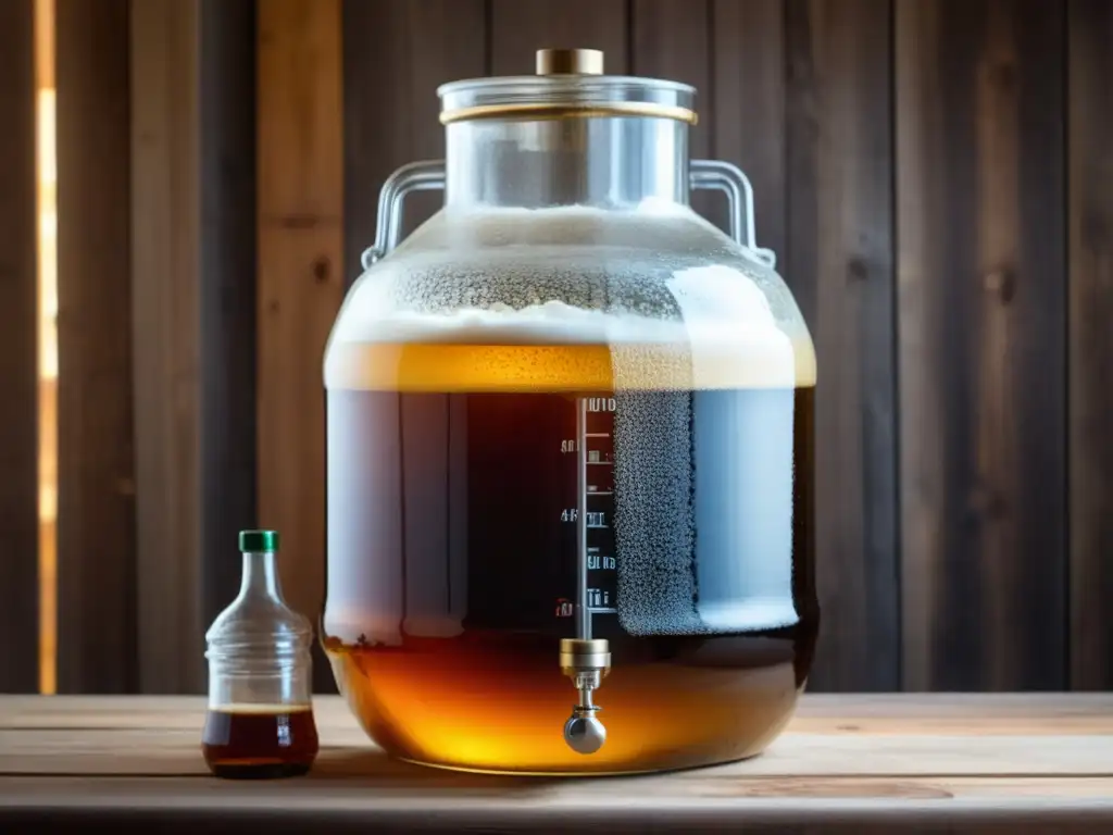 Detalle de fermentación secundaria con carboy de vidrio, control de temperatura y ingredientes adicionales