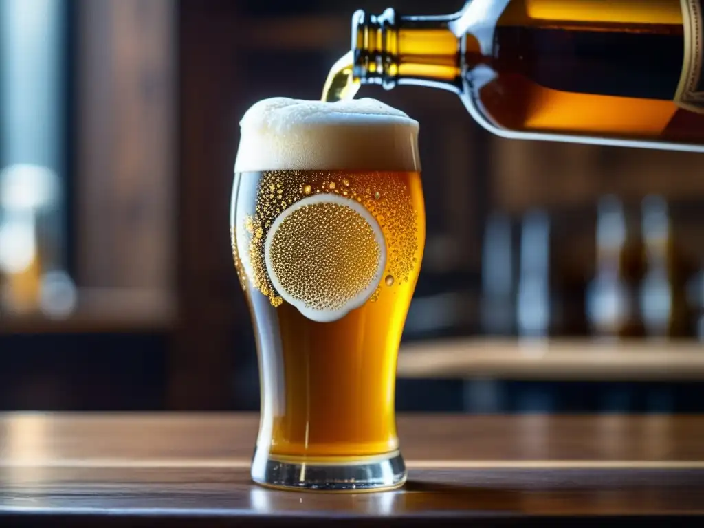Cerveza artesanal en vaso de cristal Imagen de una cerveza artesanal dorada con burbujas y espuma detalladas en vaso de vidrio en una mesa de madera - Tendencias Cerveceras
