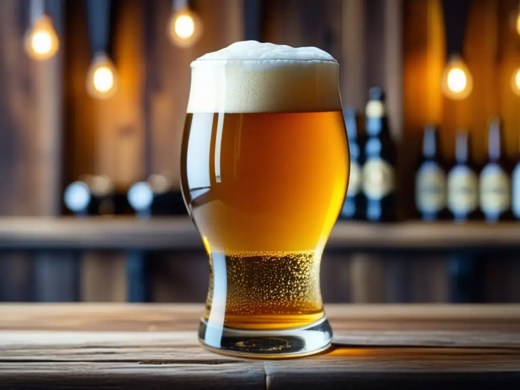 Detalle de una cerveza artesanal dorada con espuma abundante en vaso de cristal sobre mesa de madera rústica