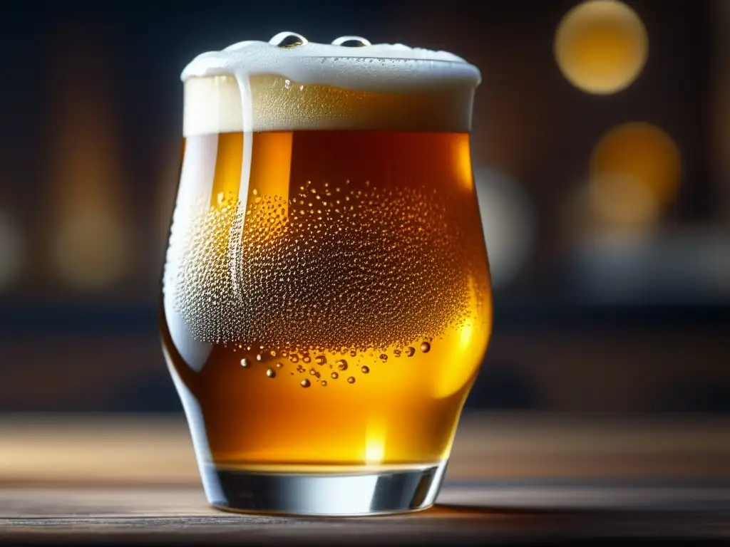 Jerga de degustación: Cerveza artesanal en alta resolución, detalles intrincados del vidrio y la burbujeante superficie