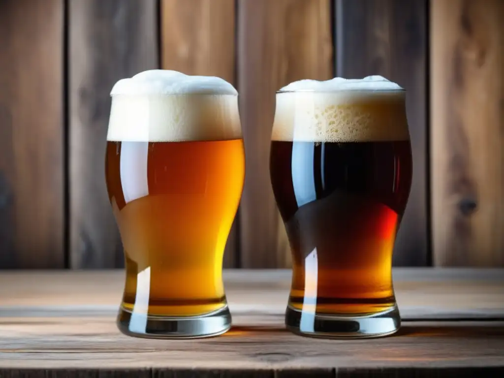 Tipos de cerveza: Imagen detallada de dos copas de cerveza, una de Ale y otra de Lager, en una mesa de madera rústica