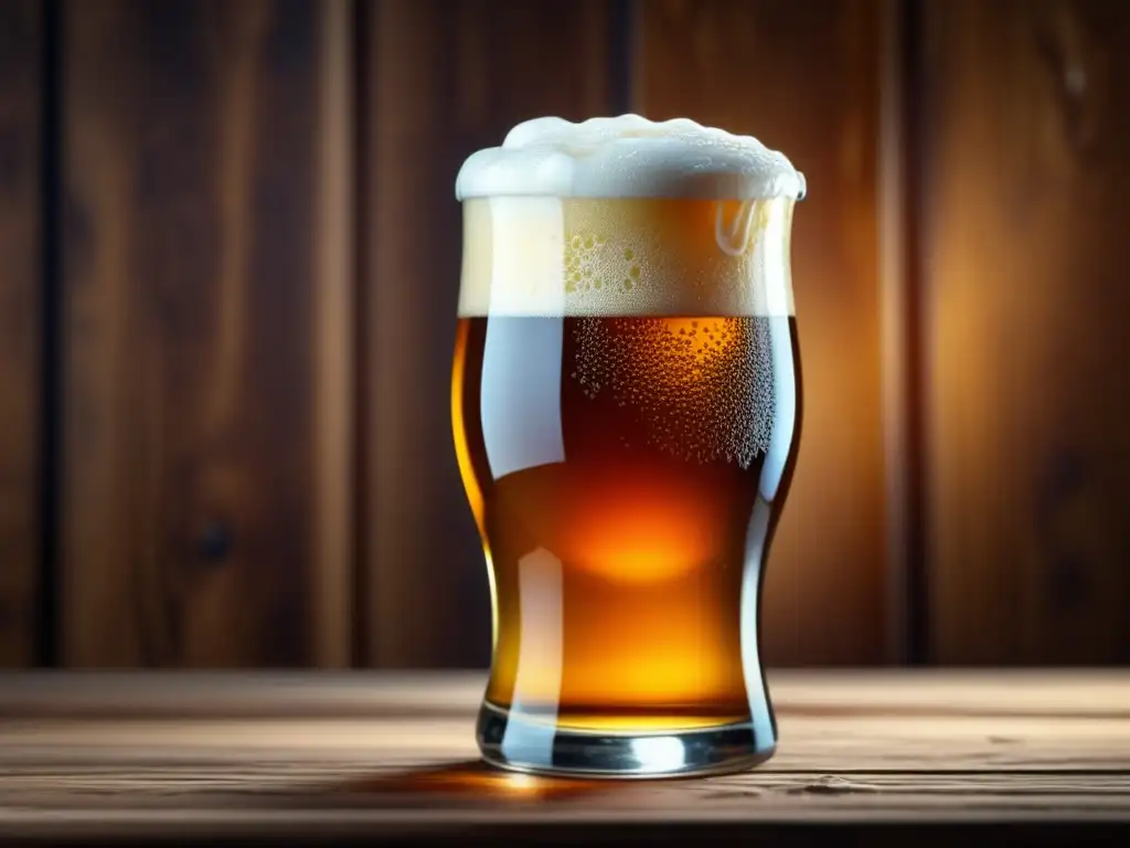Cerveza ámbar en vaso detallado Cerveza de color ámbar en un vaso sobre mesa de madera - Impresiones y Registro