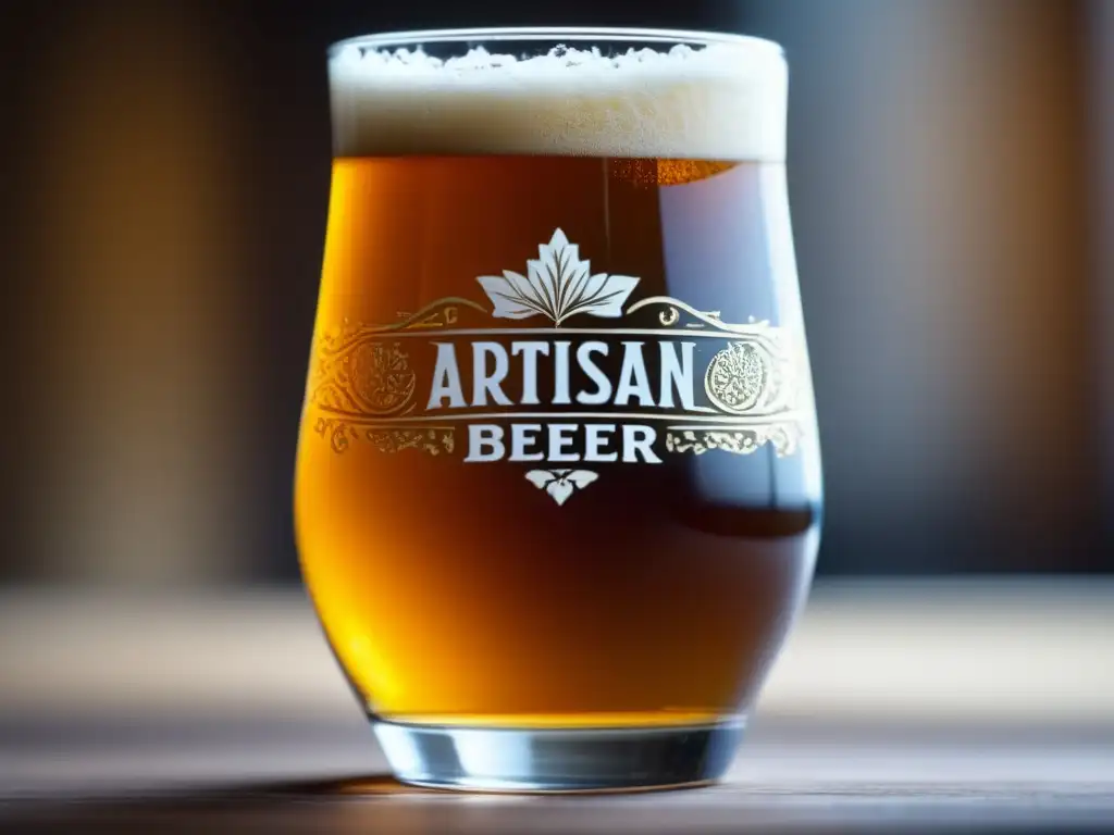 Detalle cervecero: color ámbar, espuma blanca, burbujas y juego de luces Cerveza artesanal con detalles de apariencia: color ámbar, espuma blanca, burbujas, vidrio grabado, ingredientes, acabado mate