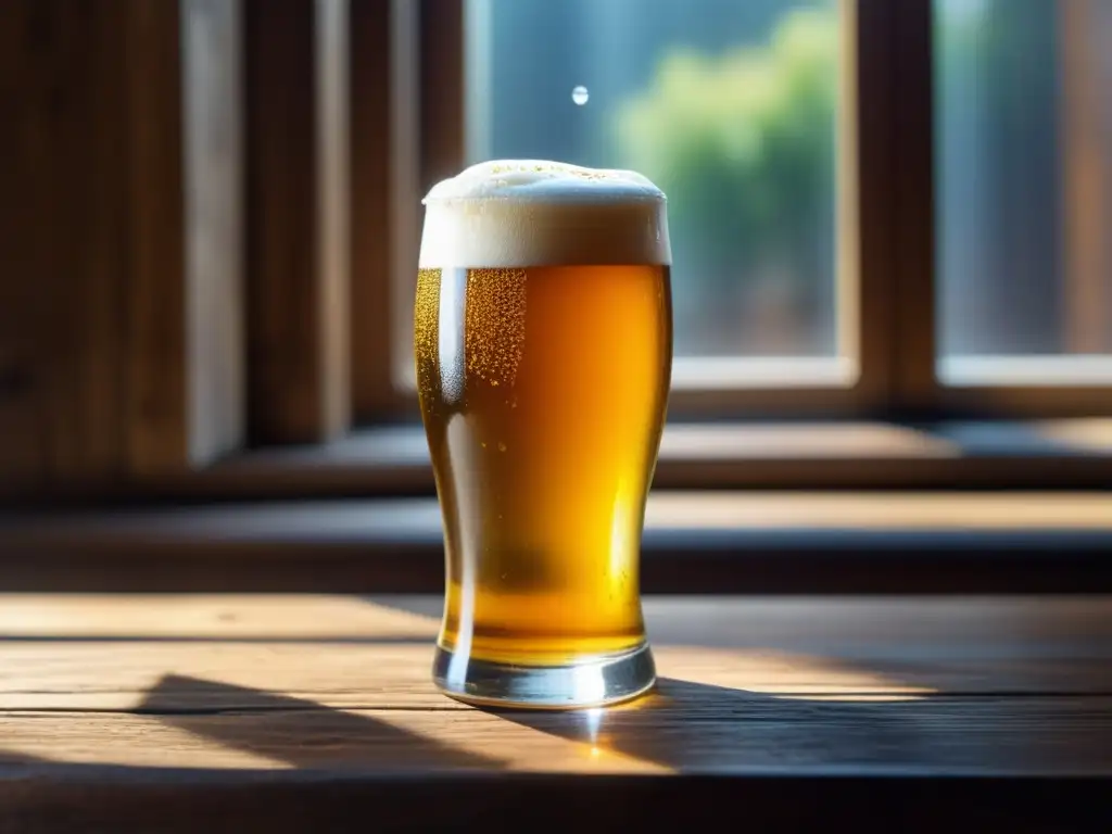 Detalle exquisito de cerveza artesanal Detallada imagen de cerveza artesanal en mesa de madera rústica, iluminada por suave luz natural