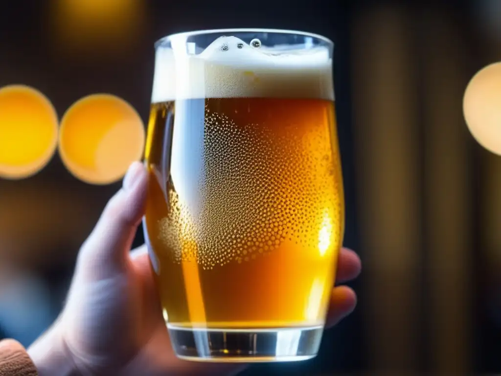 Detalle fascinante de cerveza dorada Mano sosteniendo vaso de cerveza Vinnie Cilurzo, con detalles dorados, burbujas y cabeza cremosa