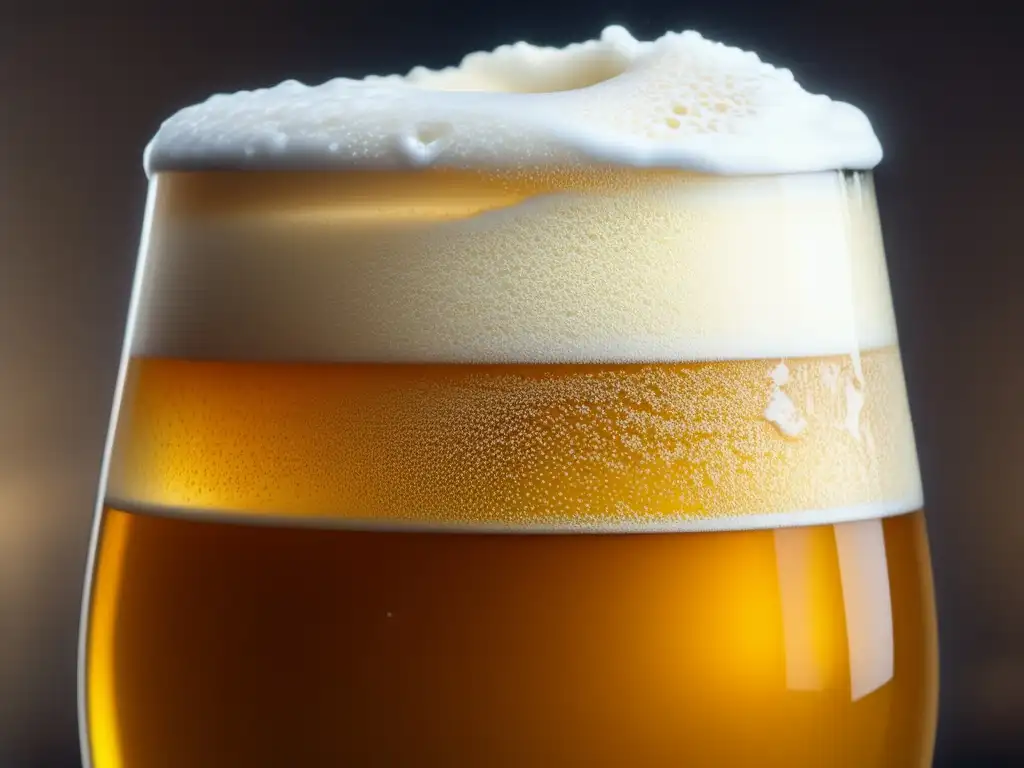 Cerveza orgánica dorada en vaso de vidrio Una cerveza orgánica dorada con espuma cremosa y burbujas elegantes en un vaso de cristal en una mesa de madera rústica