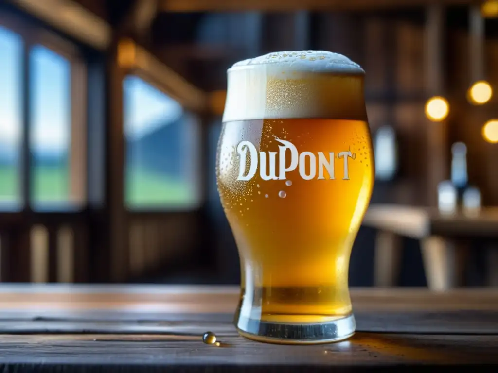 Cerveza artesanal belga en vaso de Saison Dupont Cerveza Farmhouse Ale dorada y efervescente en vaso, con gotas de condensación y burbujas finas