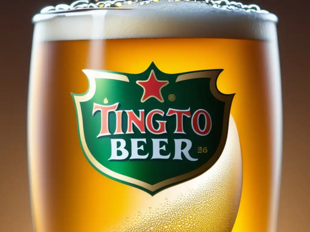 Cerveza Tsingtao recién servida Cerveza Tsingtao recién servida en vaso, detalle dorado y burbujeante