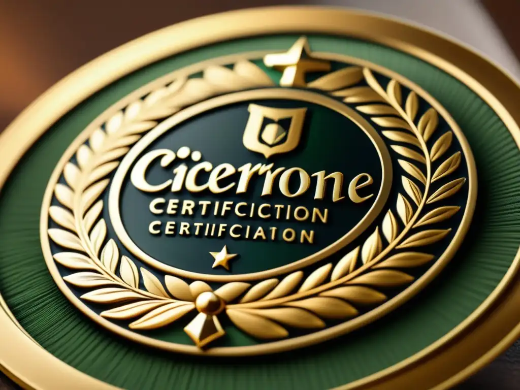 Certificación Cicerone: Detalles y texturas Certificaciones Internacionales: Detalle de un distintivo Cicerone con diseño intrincado y acabado mate