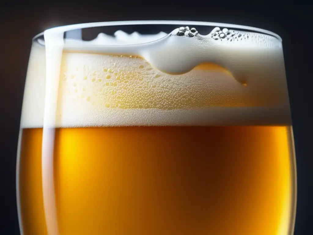 Detallada imagen en 8K de una cerveza dorada con espuma Imagen detallada en 8K de una cerveza en vaso con burbujas, aireación y texturas