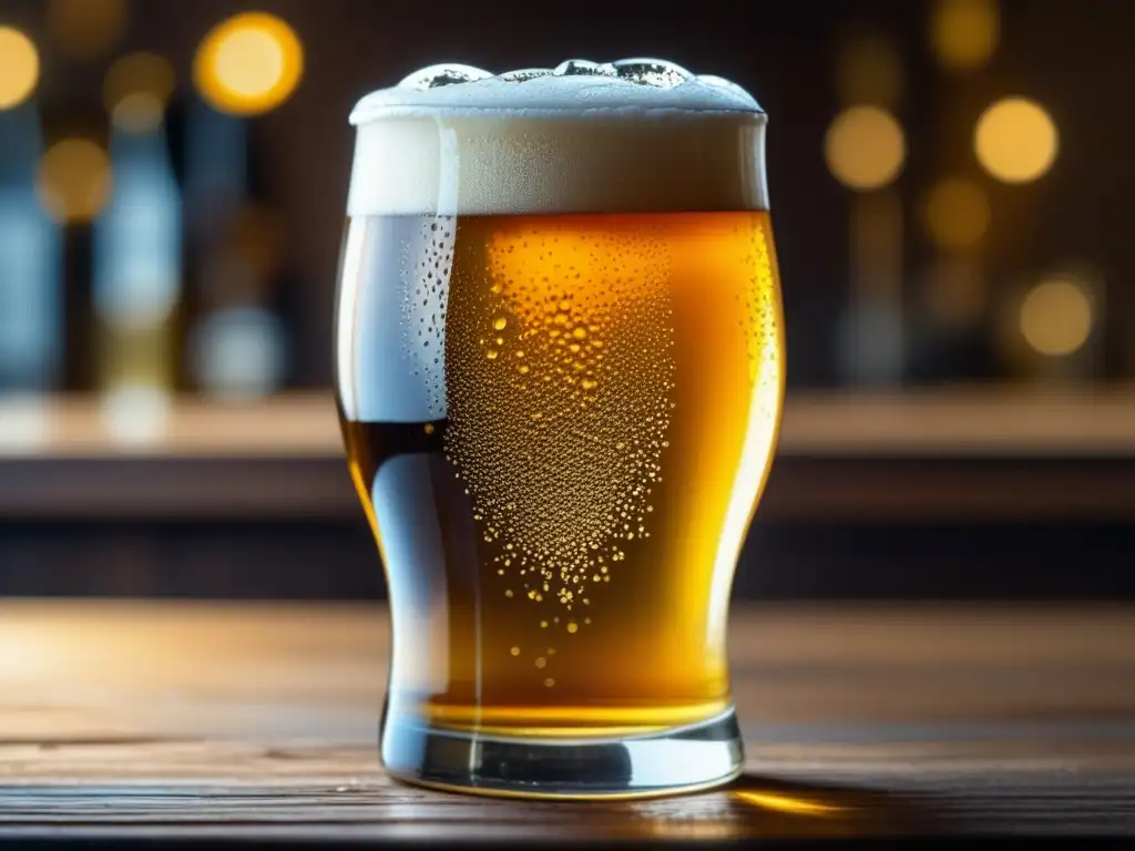 Cerveza dorada en vaso de cristal Cerveza cristalina con burbujas y perfil de agua