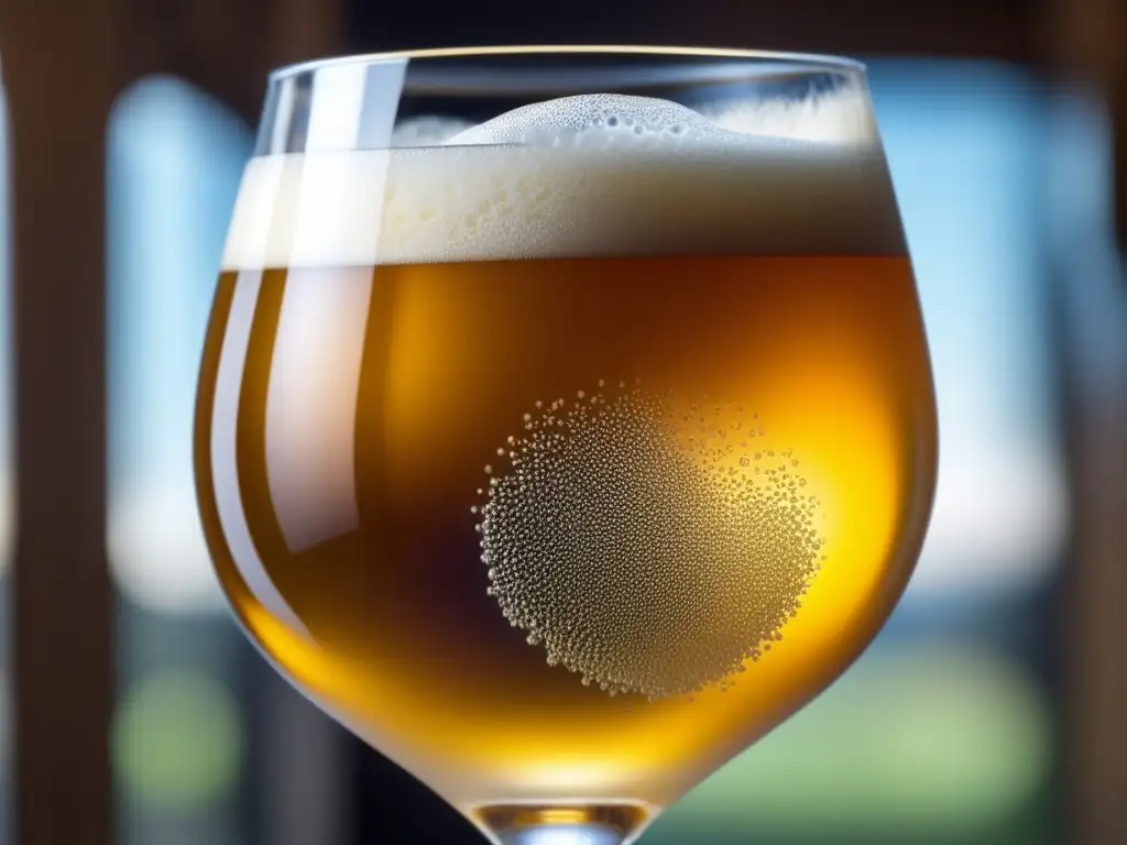 Cerveza Saison Dupont en vaso de vidrio Detalles de una cerveza Saison Dupont: líquido dorado, espuma blanca, burbujas y textura en vidrio rústico