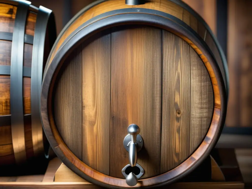 Detalles de barril cervecero: maduración y tradición Detalles intrincados del barril de cerveza resaltan la maduración y lagering, reflejando tradición y paciencia