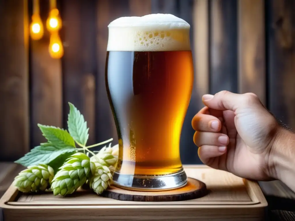 Mano sosteniendo cerveza artesanal, resaltando detalle del color, espuma y burbujas