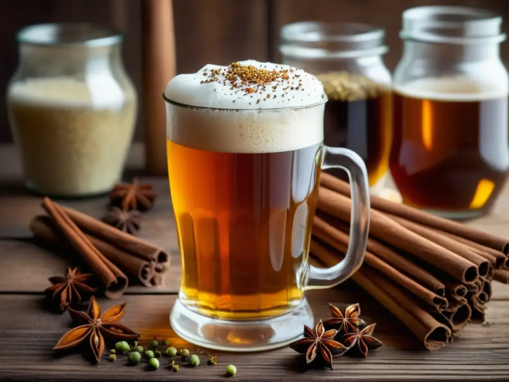 Delicioso vaso de cerveza con especias Detallada imagen de cerveza con especias en mesa de madera rústica rodeada de contenedores de especias aromáticas