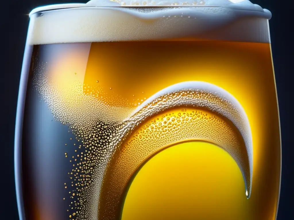 Detallada imagen de una cerveza dorada, con burbujas y colores vibrantes