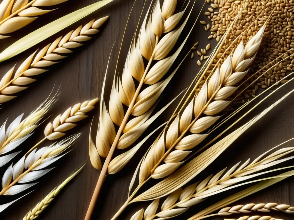 Granos de malta: trigo, centeno y avena Ingredientes fundamentales: granos de trigo, centeno y avena en una imagen impresionante