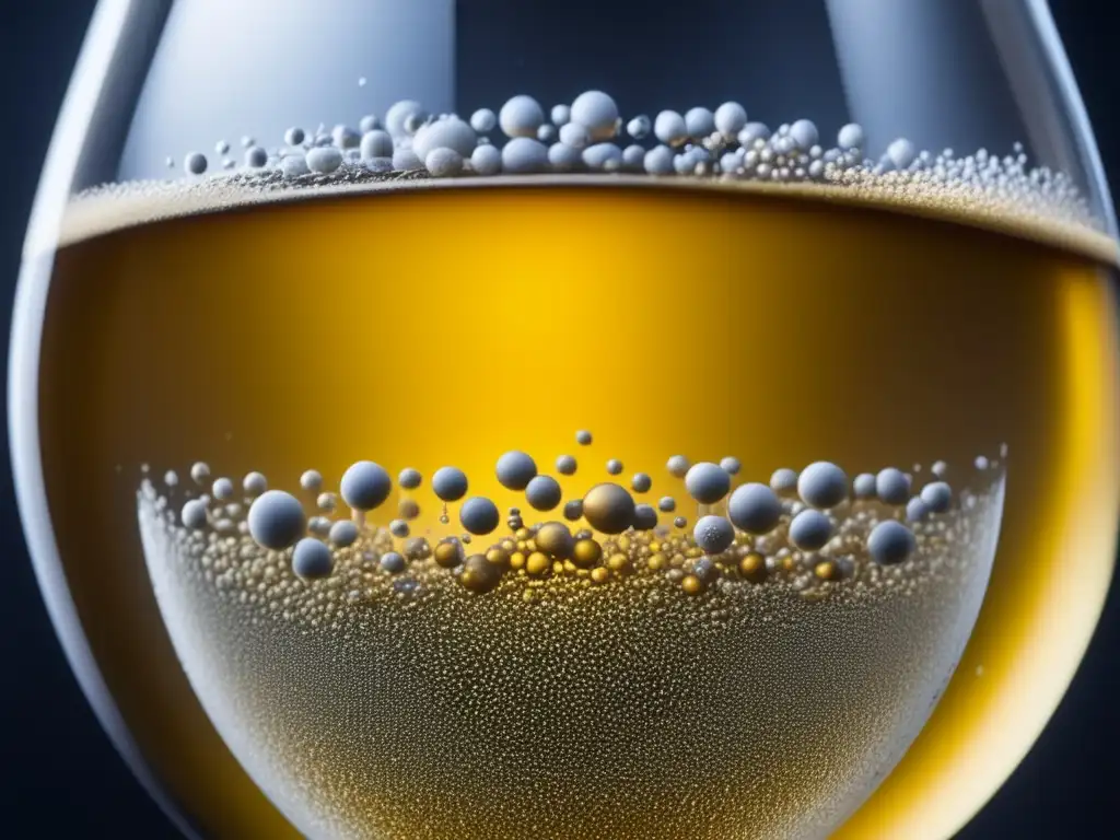 Ultra detalle de fermentador de vidrio con líquido dorado burbujeante Detalle de una fermentación controlada en un fermentador de vidrio, con burbujas doradas y levaduras visibles