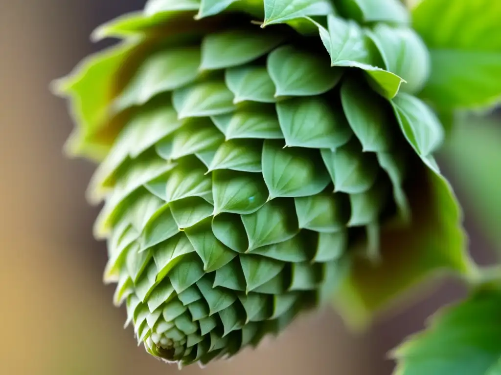 Detalle de cono de lúpulo: vibrante y texturado, esencial en el proceso cervecero - Glosario cervecero