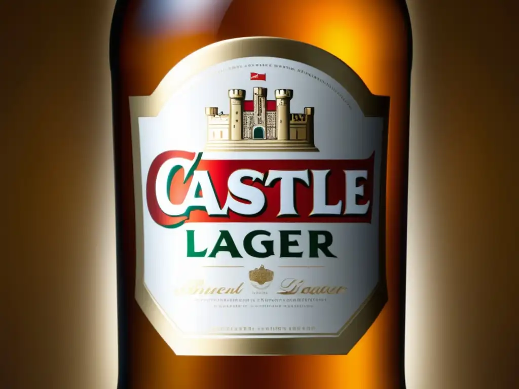 Detalle impresionante de la botella de Castle Lager, destacando el logo y el texto en relieve del etiquetado