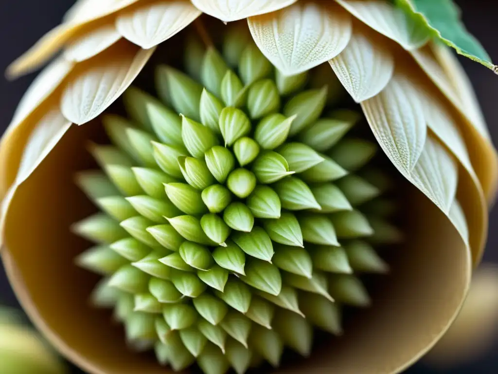 Detalle impresionante de una flor de lúpulo Lúpulo: Detalles e iluminación de un cono de lúpulo, resaltando sus estructuras y colores naturales