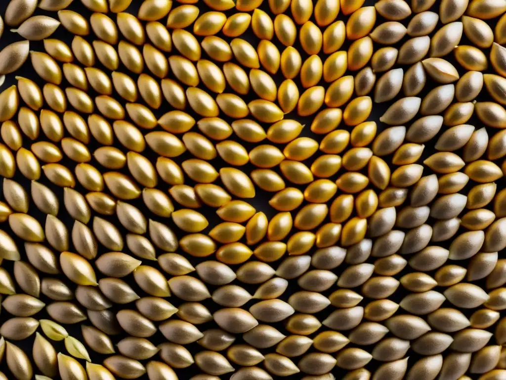 Detalle de granos de cebada dorados Ingredientes cerveza ancestral: granos de cebada dorados y vibrantes en una imagen macro detallada con acabado mate