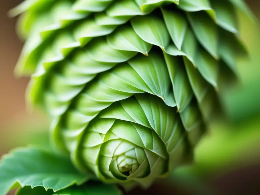 Detalle vibrante de una flor de lúpulo verde Un libro que explora la historia del lúpulo, desde sus variadas variedades hasta su proceso de elaboración
