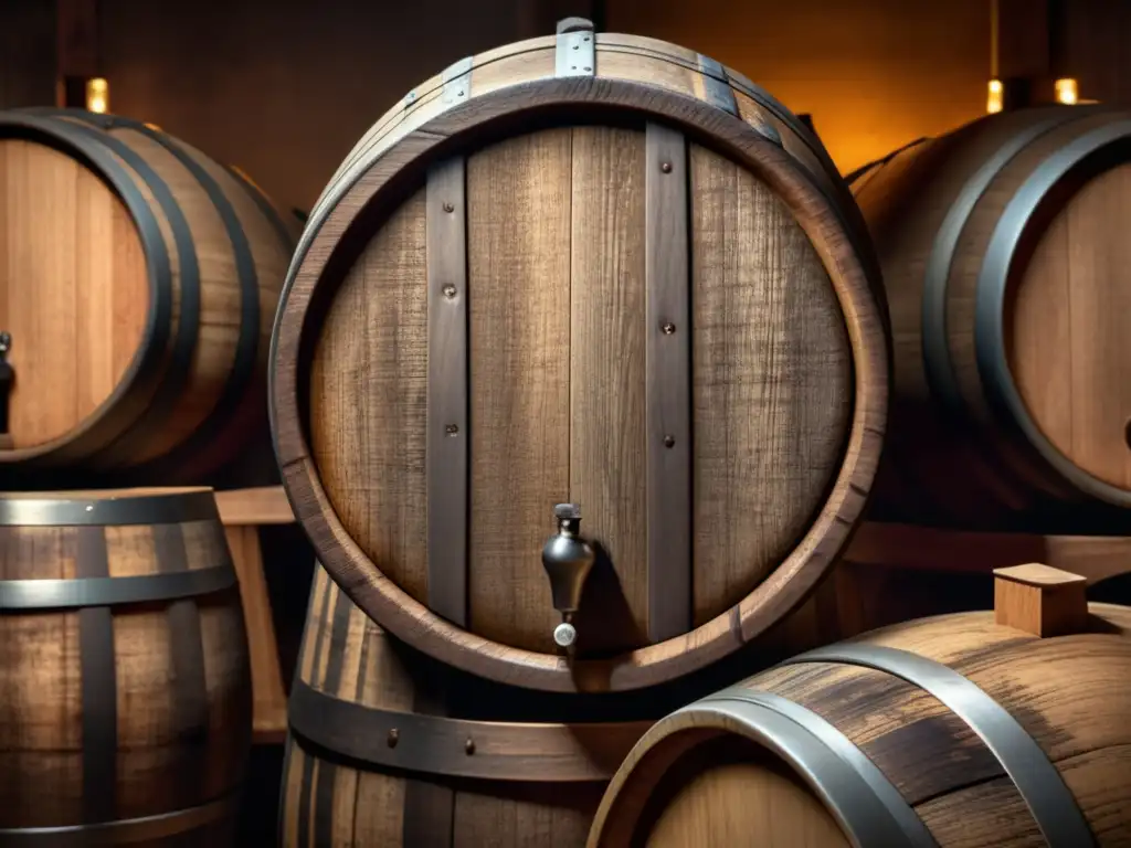 Barril de vino envejecido con textura y patrones de madera Barril de vino de madera con patrón de grano detallado y textura envejecida en bodega, rodeado de barriles envejecidos