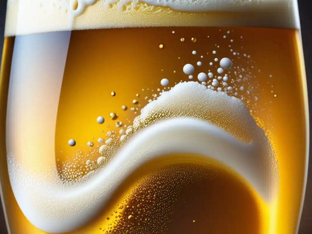 Detalle fascinante de burbujas en cerveza dorada, con la química de la cerveza