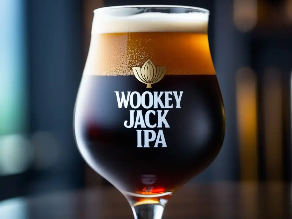 Cerveza Wookey Jack Black IPA en copa tulipa Cerveza Wookey Jack Black IPA en vaso tulipa, color oscuro y burbujas carbonatadas