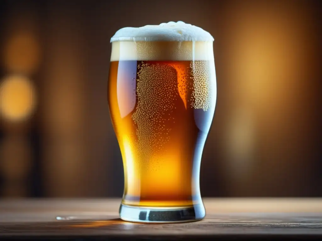 Detalles perfectos de una cerveza artesanal Técnicas Modernas: Detalles de una cerveza artesanal dorada en un vaso perfectamente elaborado, con burbujas y efecto mesmerizante