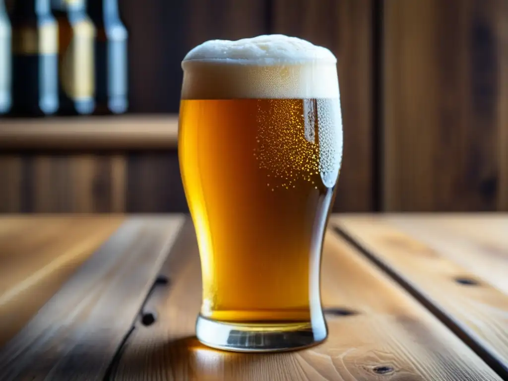 Cerveza dorada en vaso de cristal - Imagen de cerveza detallada en una mesa de madera con paladar cervecero