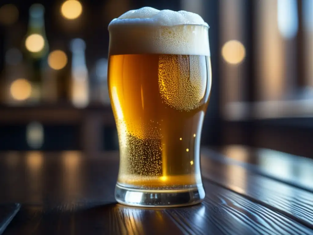 Armonía de sabores: cerveza dorada en vaso sobre mesa de madera, detalles de mano y burbujas reflejando el entorno