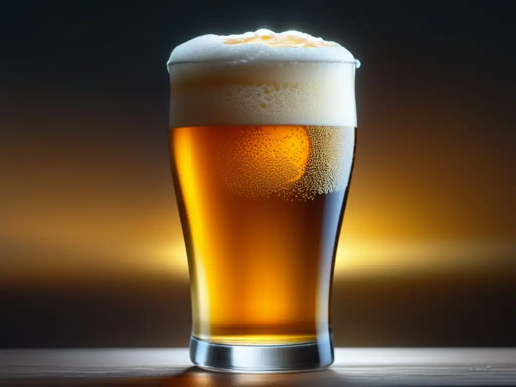 Copa de cerveza dorada con espuma cremosa y burbujas, sobre fondo oscuro