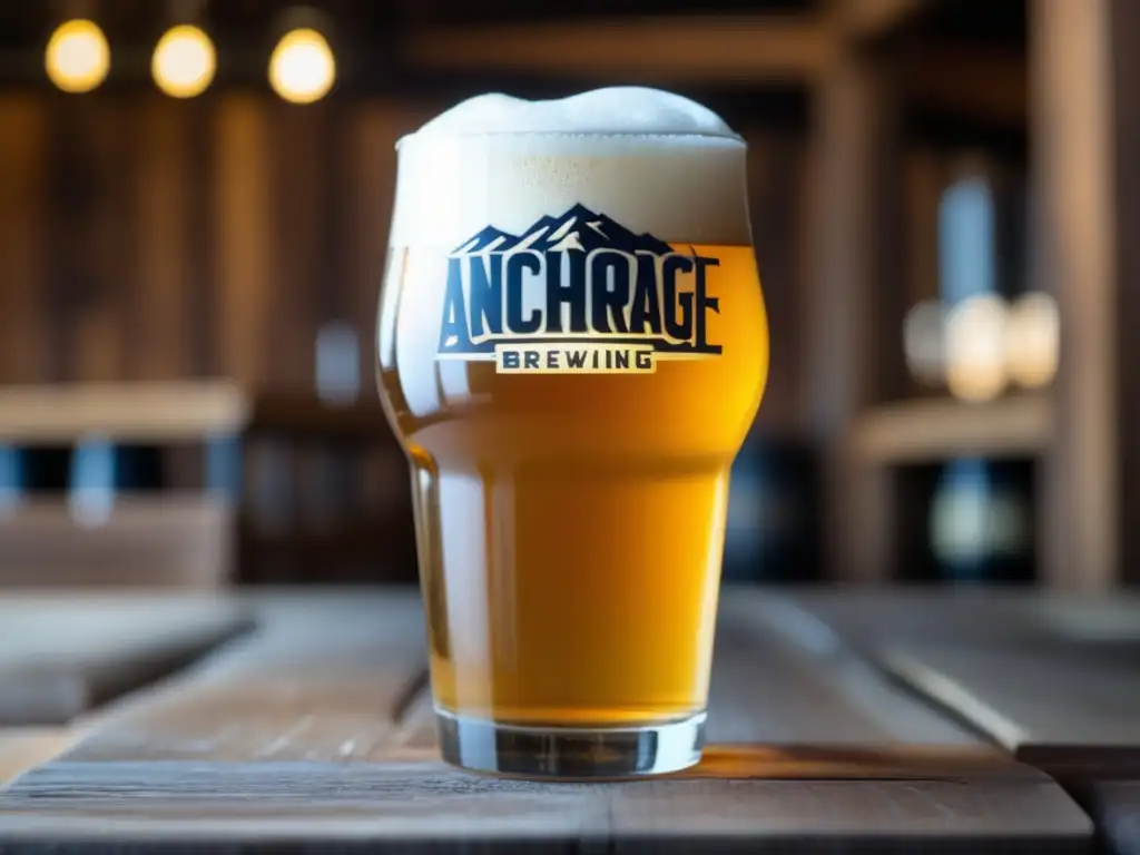 Detallada imagen de una copa de cerveza Brett IPA en una mesa de madera rústica