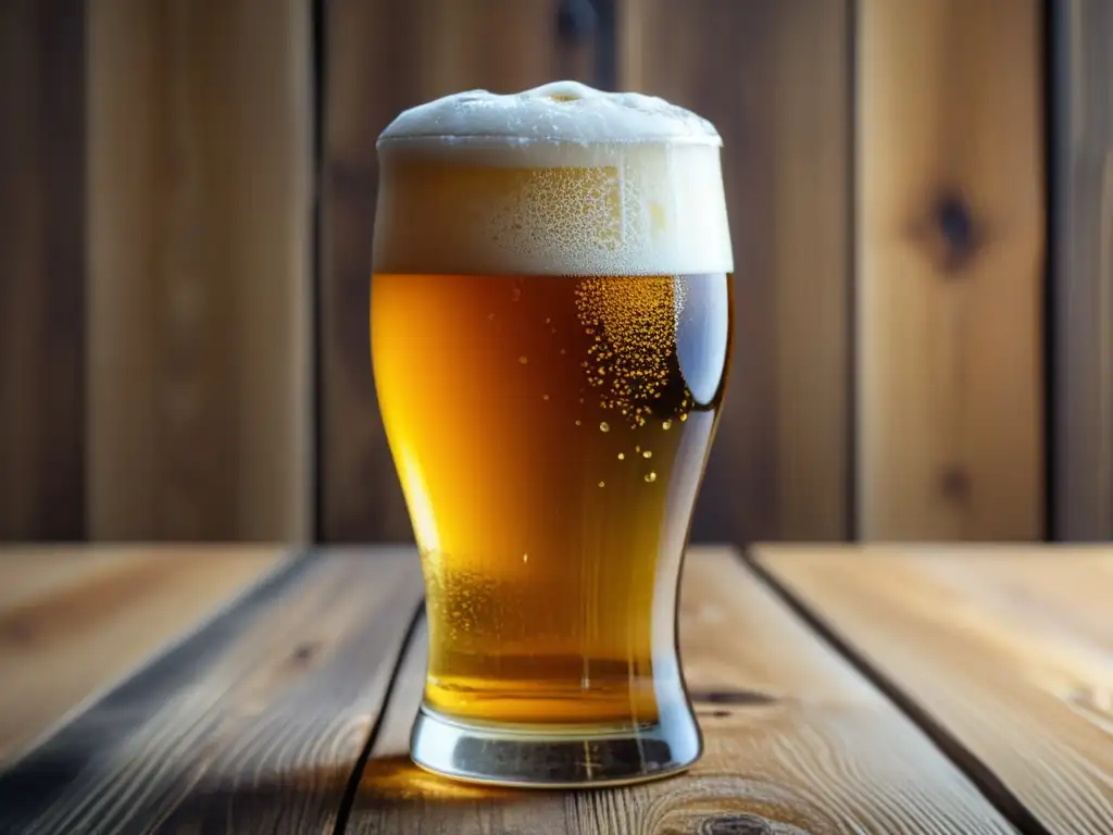 Imagen detallada de una cerveza dorada y efervescente en una mesa de madera - La Química de la Cerveza