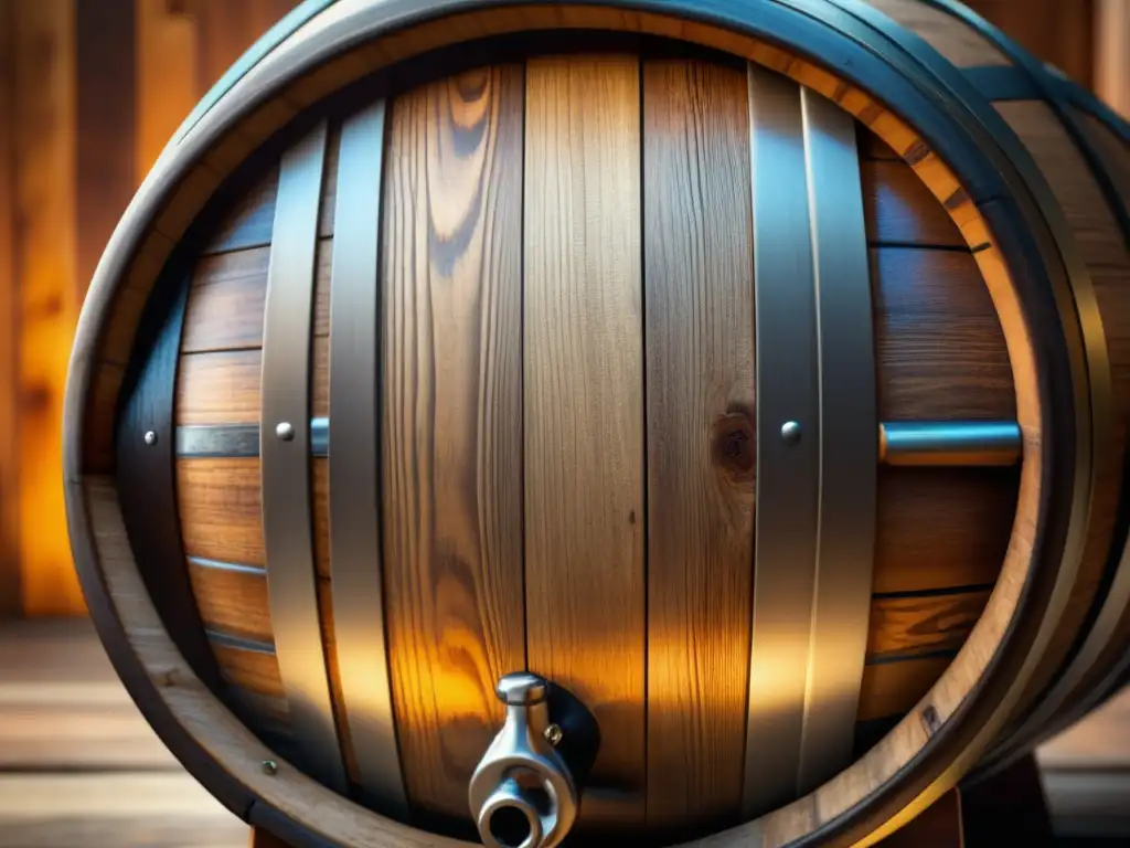 Una imagen detallada de un barril de madera lleno de cerveza envejecida, resaltando la textura y color de la madera
