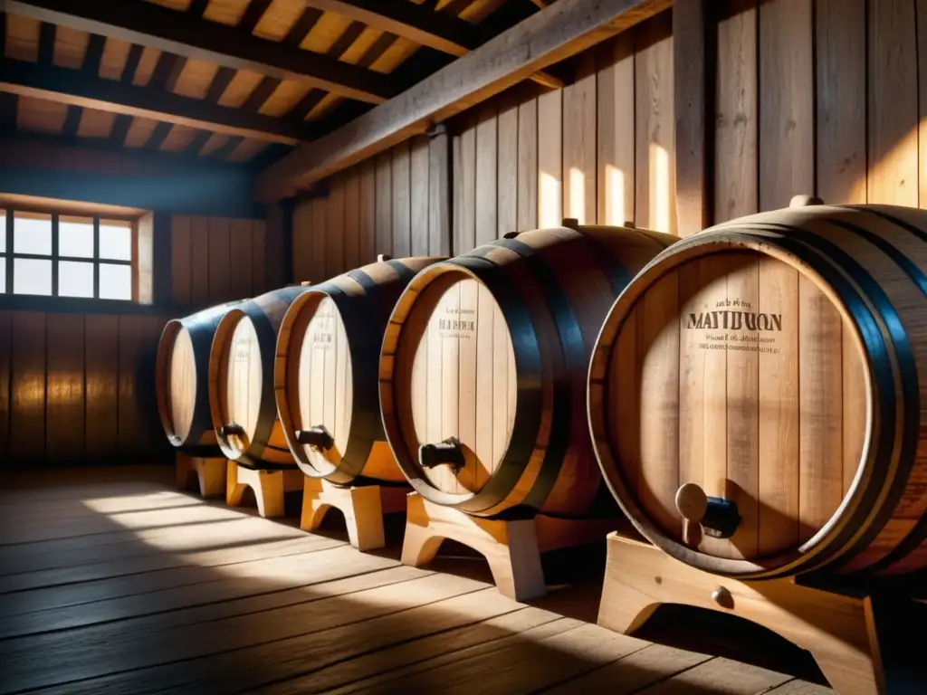Detalles de barriles de madera con etiquetas Detalle de barriles de madera con etiquetas de diferentes tipos de madera para maduración