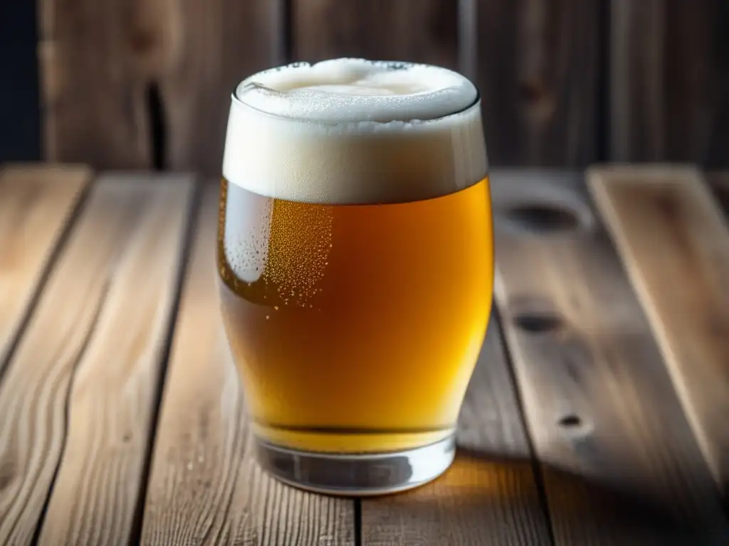 Fotografía detallada de una cerveza Gose en una mesa de madera rústica