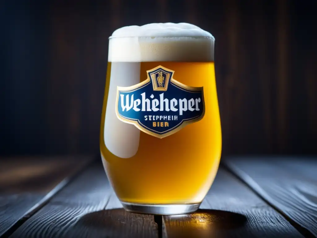 Detalle de cerveza Weihenstephaner Hefeweissbier Cerveza Weissbier en vaso de vidrio con burbujas y condensación
