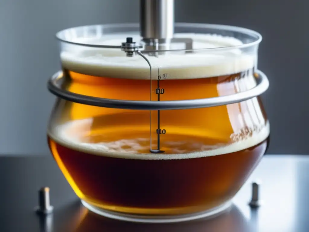 Fermentador de vidrio con detalle del proceso de fermentación Fermentación de cerveza experimental con detalles precisos de equipo y proceso (110 caracteres)